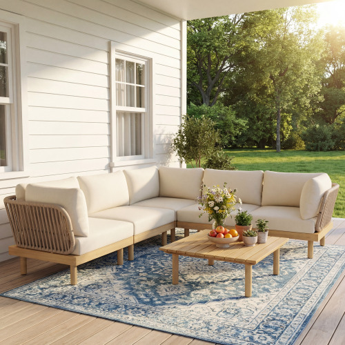 6-Piece Acacia Wood & Rope Outdoor Sofa Set, Beige/Cream, Light Teak
