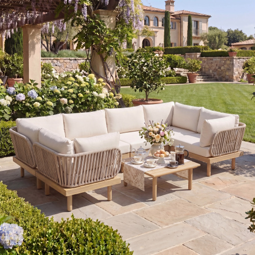 7-Piece Light Teak Acacia Wood & Rope Outdoor Sofa Set, Beige/Cream, Seats 6
