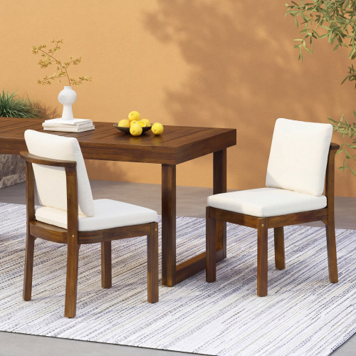 Brown Acacia Wood Outdoor Dining Chairs with Cream Cushions, Set of 2