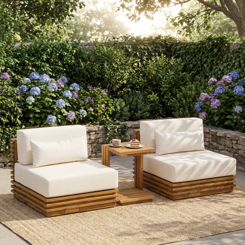 Oversized 3-Piece Acacia Wood Patio Chat Set with Beige Cushions