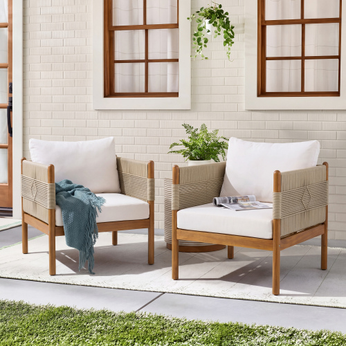 Set of 2 Outdoor Club Chairs, Cream Fabric, Beige Rope, Teak Acacia