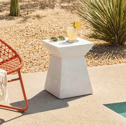 Antique-Textured White Magnesium Oxide Outdoor Side Table, 15-Inch