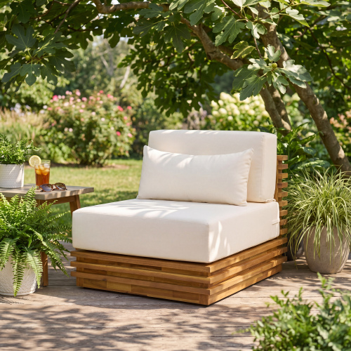 Oversized Natural Acacia Wood Outdoor Club Chair with Beige Cushions