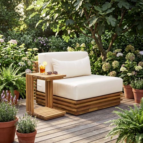 Oversized Natural Acacia Wood Chair & Side Table Set with Beige Cushions