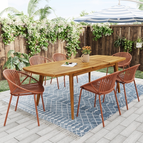7-Piece Orange & Teak Expandable Outdoor Dining Set with Stackable Chairs