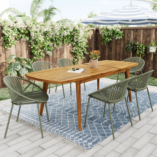 7-Piece Green and Teak Expandable Outdoor Dining Set with Stackable Chairs