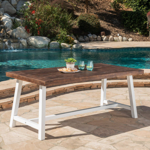 70-Inch Brown Acacia Wood Outdoor Dining Table with White Metal Frame