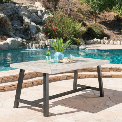 70-Inch Light Gray Acacia Wood Outdoor Dining Table, Black Frame