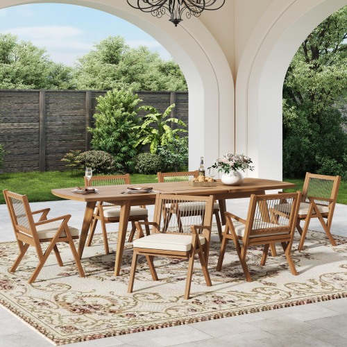 7-Piece Grey Acacia Wood Expandable Patio Dining Set with Rope Chairs