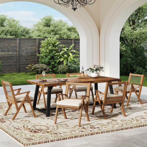 7-Piece Teak and Black Acacia Wood Outdoor Dining Set with Rope Chairs