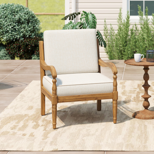 Natural Acacia Wood Outdoor Patio Club Chair with Beige Cushions