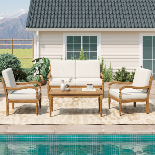 4-Piece Natural Acacia Wood Patio Seating Set, Beige Waterproof Cushions
