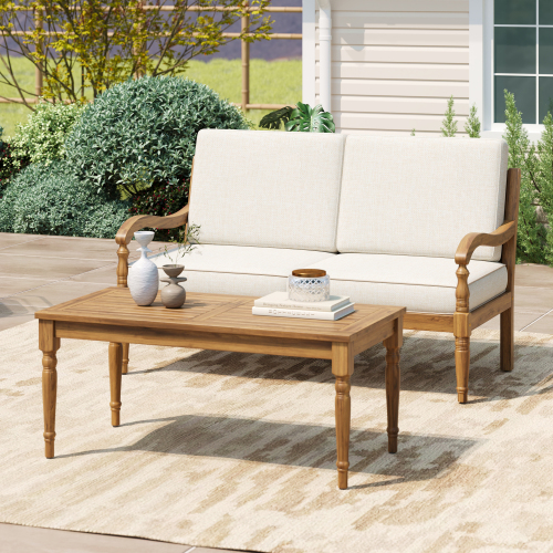 2-Piece Natural Acacia Patio Seating Set with Beige Waterproof Cushions