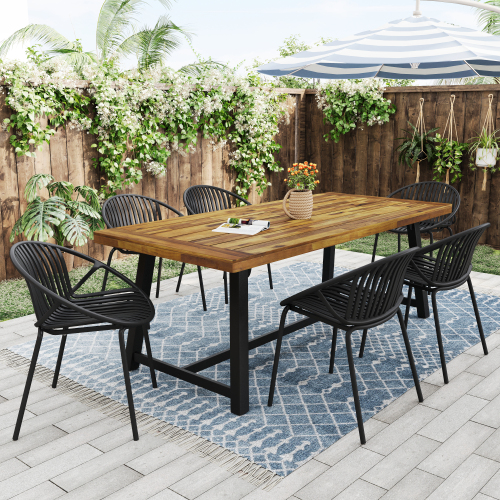7-Piece Green, Teak & Black Acacia Outdoor Dining Set with Stackable Chairs