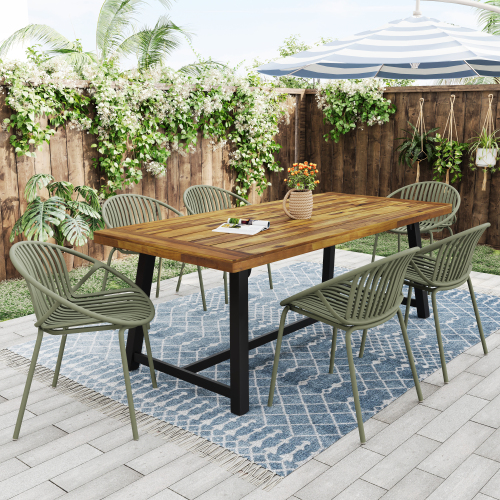 7-Piece Green Acacia Wood Outdoor Dining Set with Stackable Chairs