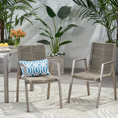 Silver & Taupe Aluminum Outdoor Dining Chairs, 21.5 x 26.5 x 34.5, Set of 2