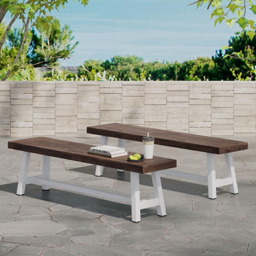 Carlisle 63-Inch Acacia Outdoor Benches, Brown & White, Set of 2