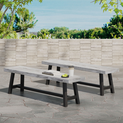 63-Inch Carlisle Light Gray & Black Acacia Wood Benches, Set of 2