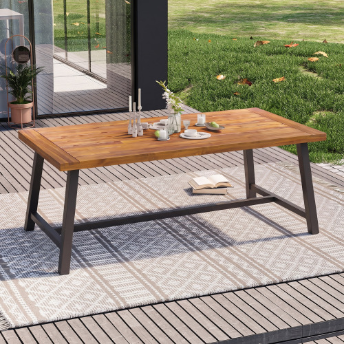 Carlie 70-Inch Brown Acacia Wood Outdoor Dining Table with Iron Legs