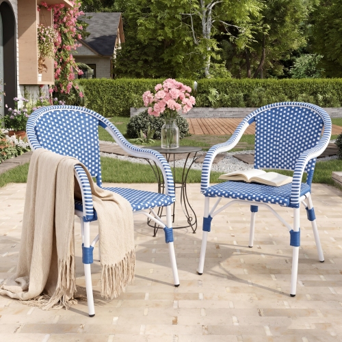 Set of 2 White & Blue Aluminum and PP Rattan Bistro Chairs