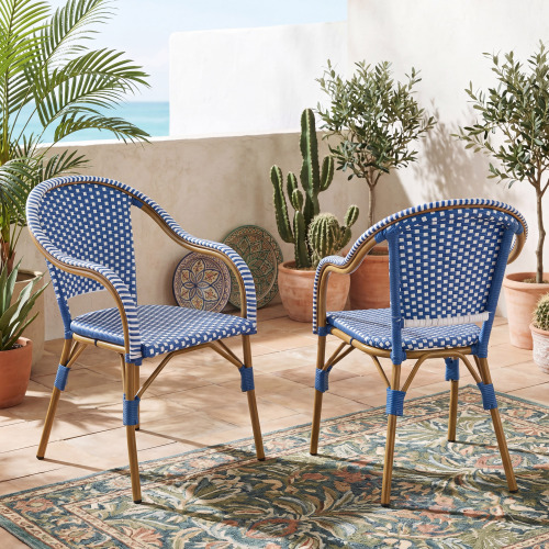 Blue & White Aluminum and PP Outdoor Bistro Armchairs, Set of 2
