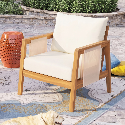 31.5-Inch Acacia Wood Patio Club Chair with Brown Textilene