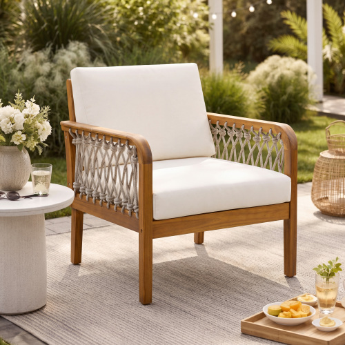Cream & Oatmeal Acacia Wood Club Chair, 29-Inch, Teak Finish