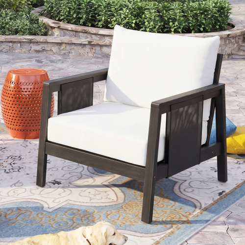 31.5-Inch Black Acacia Wood Outdoor Club Chair with White Cushions