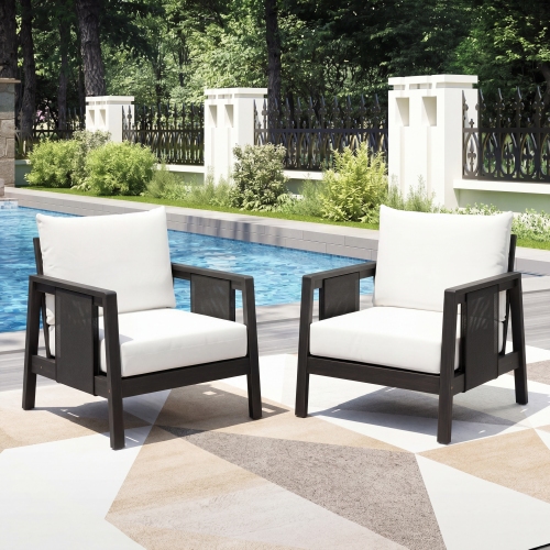Set of 2 31.5-Inch Acacia Patio Chairs, Black Textilene and White
