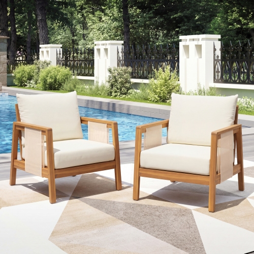 Brown Acacia Wood Outdoor Club Chairs with Beige Cushions, Set of 2
