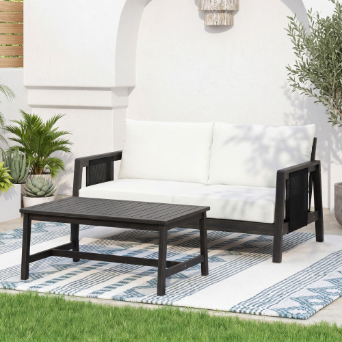 2-Piece Dark Grey Acacia Wood Outdoor Loveseat and Table Set