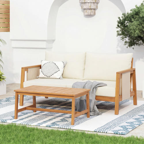 31.5-Inch 2-Piece Brown Acacia Wood Patio Loveseat and Table Set