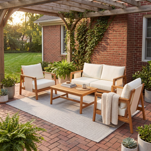 4-Piece Brown Acacia Wood & Textilene Patio Sofa Set, Seats 4