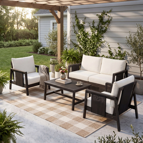 4-Piece Dark Grey Acacia Wood Patio Sofa Set with Black Textilene