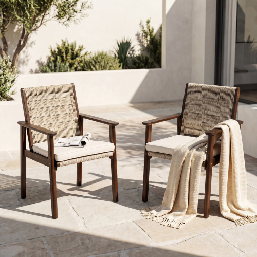 Set of 2 Dark Brown Acacia Wood and Woven Rattan Patio Chairs