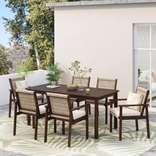 7-Piece Dark Brown Acacia Wood and Wicker Outdoor Dining Set