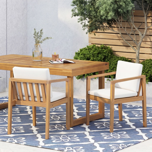 Set of 2 Light Teak Acacia Outdoor Dining Chairs, Beige Cushions