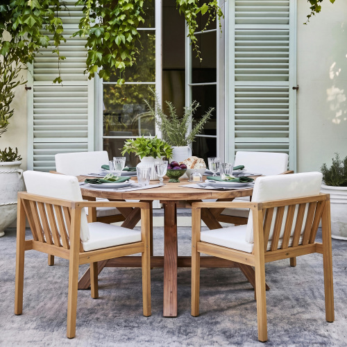 Set of 4 Acacia Outdoor Chairs, Beige Cushions, 21.25-Inch, Light Teak