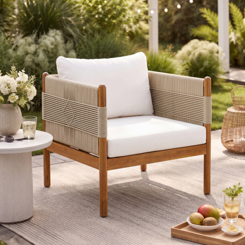 39-Inch Teak Acacia Outdoor Club Chair, Cream Rope, Beige Cushions