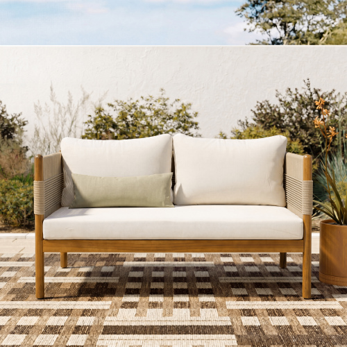 Teak Acacia Wood Outdoor Loveseat with Beige Cream Cushions, 39.17-Inch