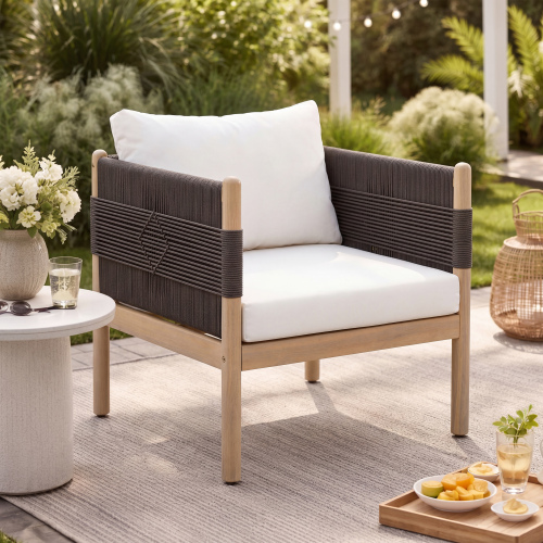 39.17-Inch Acacia Wood Outdoor Club Chair with Black Rope and Cushions