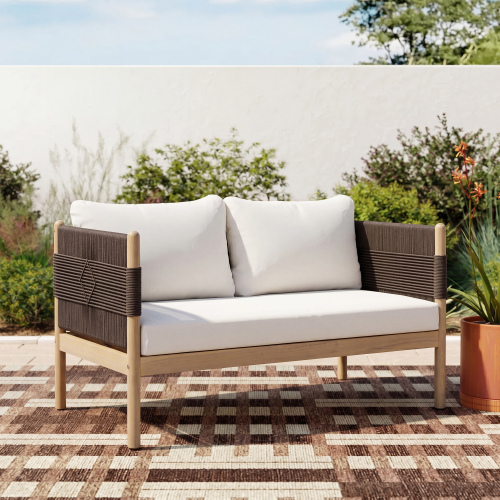 Black & Light Teak Acacia Wood Rope Loveseat with Cushions, 39.17 In.