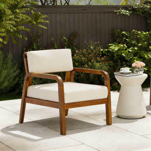 Cream and Teak 24.8-Inch Acacia Wood Outdoor Armchair with Cushions