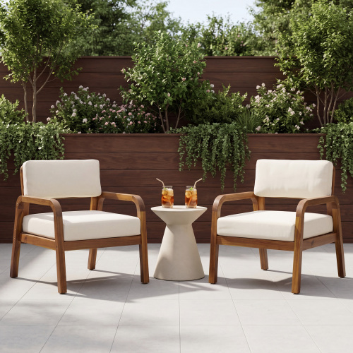 Cream & Teak Acacia Wood Patio Armchairs, 24.8 x 31.5 x 29.53 In., Set of 2