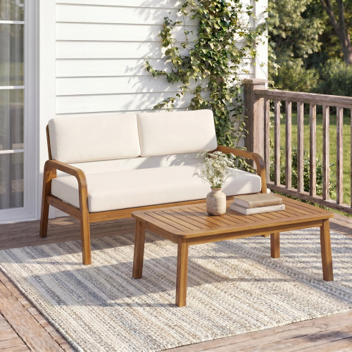 2-Piece Acacia Wood Loveseat & Coffee Table, Teak/Cream, Seats 2