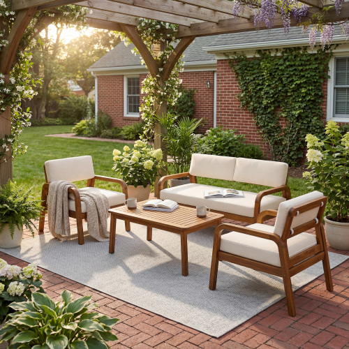 4-Piece Acacia Wood Outdoor Sofa Set, Cream and Teak, Seats 4