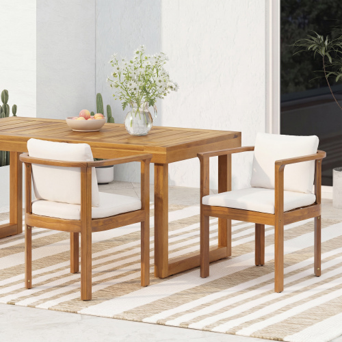Set of 2 Teak Finish Acacia Outdoor Dining Chairs with Cream Cushions