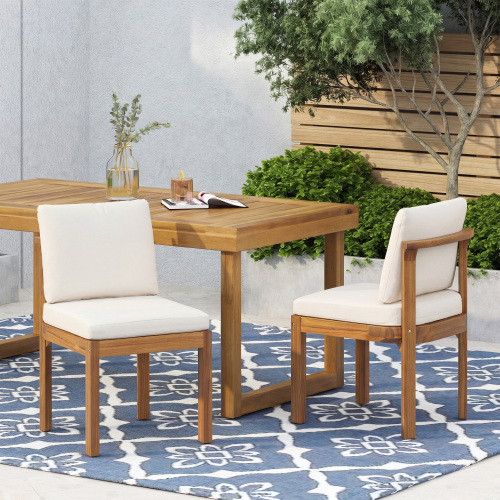 Set of 2 Teak-Finish Acacia Wood Outdoor Dining Chairs, Cream Cushions
