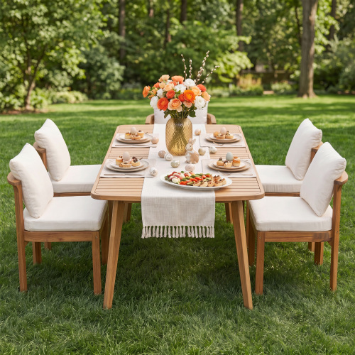 Set of 4 Teak-Finish Acacia Wood Patio Dining Chairs, Cream Cushions