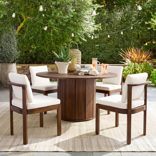 Brown Acacia Wood Outdoor Dining Chairs with Cream Cushions, Set of 4
